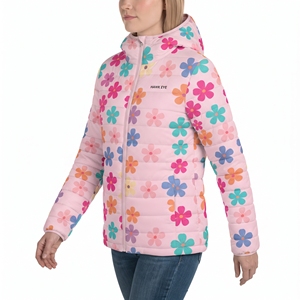 Women's Floral Printed Puffer Jacket with Waist <b>Belt</b> Hooded Quilted Winter Coat Warm Sublimation Padded Outdoor Casual Outerwear - Product Image 4