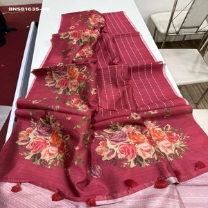 Sari de Tussar Semiblando de Alta Calidad con Estampado Digital - Diseño Floral y Patrón de Líneas - Blusa Estampada - Proveedor Indio - Product Image 1