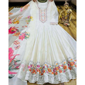 Vestido de Fiesta Zeel Fashion Designer, Corte A, Cuello Redondo, Pantalón y Dupatta Completamente Cosidos, Estampado Floral, Organza Hecha a Mano, Talla XL, Estilo Imperio - Product Image 1