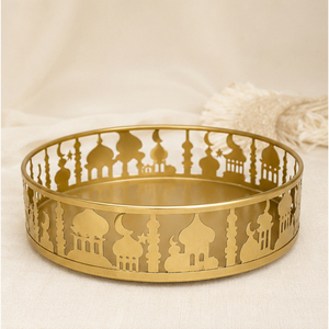Stylish <b>Gold</b> Metal Ramadan <b>Serving</b> <b>Tray</b> Laser Cut Mosque Design Eid Mubarak Food Plate Islamic Table Decoration for Home Party - Product Image 3