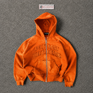 Sweat à capuche zippé vintage orange vieilli avec broderie graphique « Feel Lost But Im Back », coupe oversize, effet délavé, style streetwear - Product Image 5
