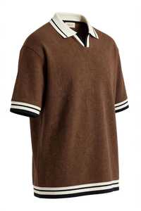 ONETEN APPARELS Camisa de Punto para Hombre, Manga Corta, Casual, Color Marrón Sólido, Cuello con Ribete, 100% Poliéster, Bordada, Transpirable - Product Image 4