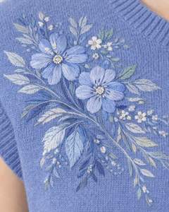 Gilet d'été décontracté et élégant pour femme, en maille bleue personnalisée, sans manches, brodé de fleurs, col rond, doux et léger - Product Image 6