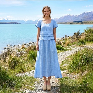 Vestido Midi Vintage de Algodón 100% con Mangas Campana para Mujer, Cuello en V con Botones al Frente, Cintura Alta, Corte en A, Casual, para Verano, Playa, Vacaciones - Product Image 1