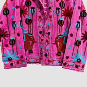 <b>Women</b> Pink <b>Velvet</b> Embroidered Suzani <b>Jacket</b> with Elephant And Floral Full Sleeve Stand Collar Handmade <b>Women's</b> Winter Coat - Product Image 3