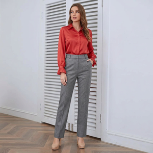 Pantalon droit élégant taille haute pour femme, couleur unie, en polyester tissé respirant, taille élastique, anti-plis, 220g, idéal pour le bureau - Product Image 2