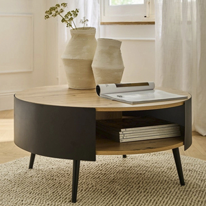 Table basse de salon de style industriel moderne à deux niveaux, en bois et métal, de forme ronde, pour la maison, le bureau ou le salon - Product Image 4