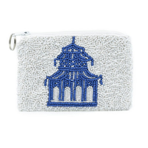 Porte-monnaie perlé à la main avec design de pavillon bleu | Pochette à fermeture éclair blanche personnalisée | Mini pochette portefeuille brodée | Vente en gros - Product Image 1