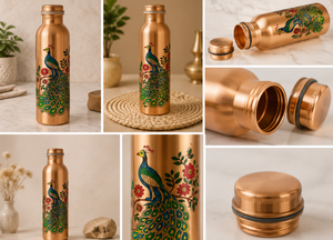 <b>Copper</b> Water Bottle With Peacock Design <b>Screw</b>-On Lid Reusable Metal Bottle For Outdoor Hiking Camping Travel - Product Image 6
