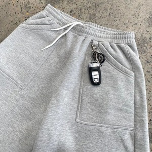 Shorts Bermuda en Coton Gris pour Homme avec Cordon de Serrage à la Taille, Poches, Couleur Unie, Tricoté, Respirant, Taille Mi-Haute, Décontracté - Product Image 3
