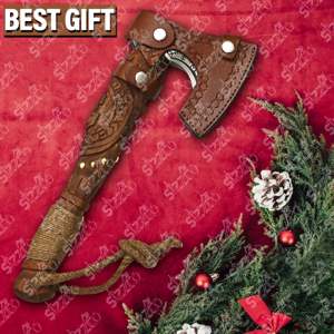 Hand Forged Viking Hammer Axe High Carbon Steel <b>Bearded</b> Tomahawk Vegvisir Hatchet Rose Wood Handle Leather Sheath Gift For Him - Product Image 5