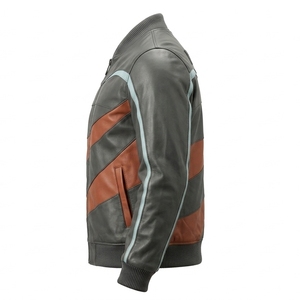 Chaqueta Bomber de Cuero Genuino para Hombre Darkry, Color Gris Carbón con Paneles Diagonales Color Óxido, Ribete Azul Cielo, Cierre de Cremallera, Estilo Urbano - Product Image 4