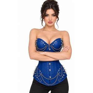 Blue PU Leather <b>Corset</b> With Silver Chains And Rivets Front Hook-and-Eye Back <b>Lace</b>-<b>Up</b> Design Women Shapewear - Product Image 5