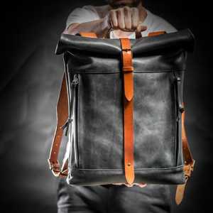 Luxury Genuine Leather <b>Roll</b> Top <b>Backpack</b> Waterproof Laptop Bag For Men Business Travel College Knapsack LRTB-0141 - Product Image 1