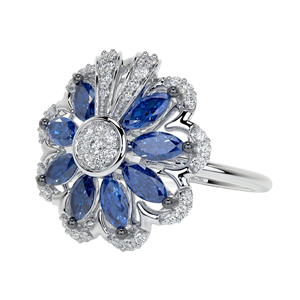 Luxury Blue Sapphire Marquise & White DiamondFlower Cocktail <b>Ring</b> Featuring Accents and <b>Plain</b> High End Polish Band in White Gold - Product Image 4