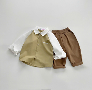 Traje Formal de 2 piezas de alta calidad para niños pequeños, camisa de manga larga, Tops, pantalones holgados, ropa informal ODM para bebés, patrón sólido - Product Image 1