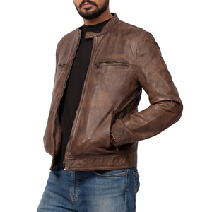 Men Genuine Leather Moto <b>Jacket</b> Stand Collar Zipper Closure Brown Regular Fit Casual Motorcycle Style <b>Biker</b> <b>Jacket</b> For Men - Product Image 4