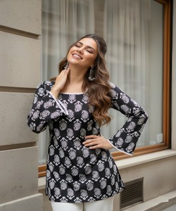 Kurti en coton imprimé fantaisie, à séchage rapide, style indien, pour usage quotidien, prix de gros, vêtement ethnique, bleu marine - Product Image 6