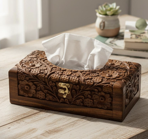 Boîte à mouchoirs en bois faite à la main avec sculpture florale, design chinois traditionnel, qualité supérieure, artisanat Tayyab, décoration de table - Product Image 3