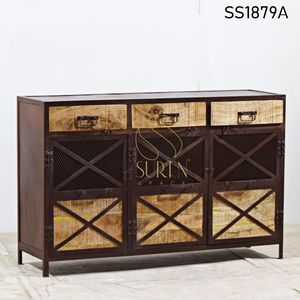 SUREN SPACE Industrial Solid Wood <b>Sideboard</b> with Metal Mesh Doors and Drawers Antique Design for Living Room Storage Furniture - Product Image 1