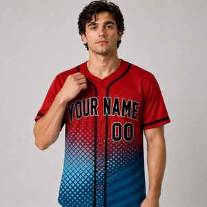 Maillot de baseball unisexe personnalisé avec nom d'équipe, impression par sublimation, col en V, manches courtes, évacuation de l'humidité, 100 % polyester, maille rouge et bleue - Product Image 1