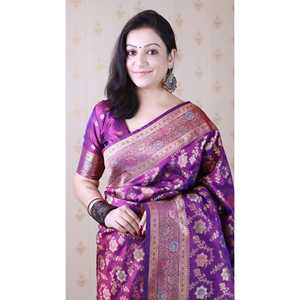 ผ้าไหมทอสีม่วงลายบาเนราซี จาล ยี่ห้ออีลิท วีฟส์ เนื้อผ้านุ่ม ประดับด้วยดิ้นทอง ซารี ผ้าไหมอินเดีย/ปากีสถาน - Product Image 2