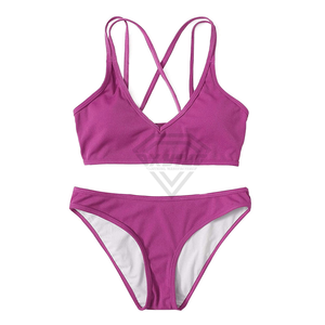 Wholesale Women's Ribbed Bikini Set <b>Crossed</b> Halter <b>Top</b> Hipster Bottom Solid Purple Swimwear Stretch Fabric Regular Fit Beachwear - Product Image 1