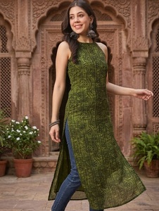 Leranath Fashion <b>Green</b> Printed Cotton Recycled Materials Sleeveless Indian Pakistani <b>Top</b> <b>Halter</b> Maxi Tunic Slip Dress Festival - Product Image 1