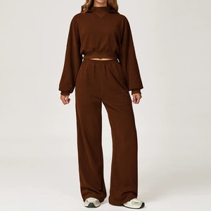 Ensemble de survêtement marron à capuche pour femme de haute qualité, manches longues, coupe ample décontractée, couleur unie, automne, sweat-shirt et pantalon en coton - Product Image 1
