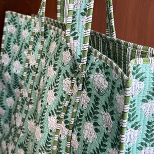 Hand Block Printed Cotton Tote Bag Women Bohemian Panelled Quilted Shopping Bag All Seasons Open Closure - Product Image 4