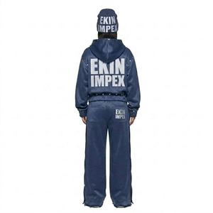 EKIN IMPEX Conjunto Premium Vintage Lavado Azul Marino de 3 Piezas con Tachuelas: Sudadera con Capucha Corta de Corte Holgado con Cremallera Completa y Pantalones Deportivos de Pierna Ancha con Botones a Presión y Detalles Desgarrables - Product Image 2