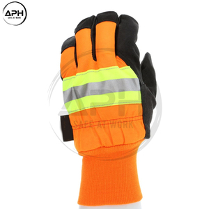 Gants de haute visibilité en cuir noir et orange avec bande réfléchissante, tricotés, à poignet intégré, à doigts complets, personnalisables – Meilleur fournisseur - Product Image 2