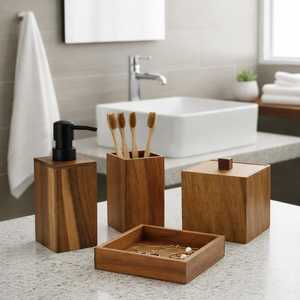 Nordic Style Handmade Eco-Friendly Wooden Four-piece Bathroom <b>Set</b> Elegant Liquid <b>Soap</b> Dispenser Toothbrush Cup Stand <b>Soap</b> Tray - Product Image 2