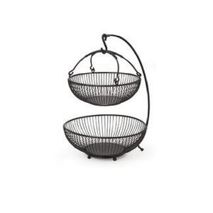 Classic Double Tier Metal Wire Storage <b>Basket</b> With Wooden Base Rustic Kitchen Organizer <b>Stackable</b> Design For Neatening - Product Image 4