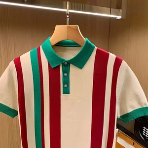 <b>Men's</b> Knitted Striped <b>Polo</b> <b>Shirt</b> Short Sleeve Casual <b>Green</b> Red Beige Color Blocked Design Regular Fit - Product Image 6