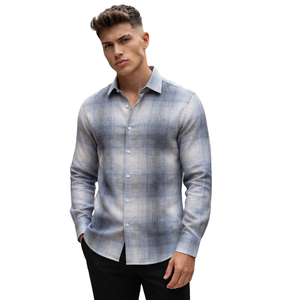 Chemise en flanelle à carreaux gris bleu clair pour homme, manches longues, boutonnée, décontractée, tissu brossé doux, streetwear d'extérieur - Product Image 1