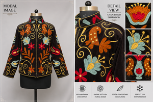 Suzani Style Hand Embroidery Velvet Jacket Women Boho Chic Winter Bomber Handmade Masterpiece Ethnic <b>Needlework</b> Coat Gift Set - Product Image 6