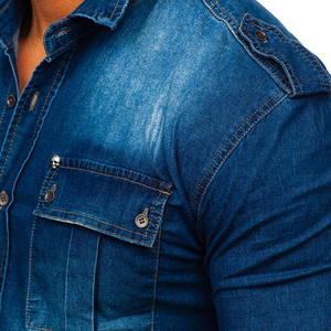 Chemise en jean pour homme, coupe ajustée, manches trois quarts, couleur unie, col rabattu, décontractée, respirante, coton délavé - Product Image 6