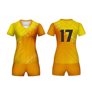 Conjunto de Uniforme de Voleibol para Mujer, Degradado Amarillo, Cuello en V, Manga Corta, Poliéster Transpirable, Ajustado, con el Número 17 - Product Image 1