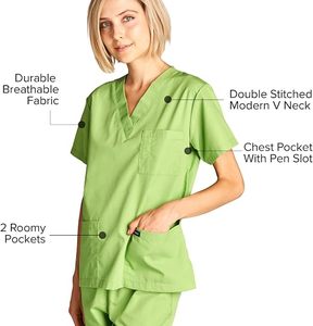 Conjunto de uniforme médico para mujer Harvest, verde lima, con blusa de cuello en V y pantalón, de algodón y poliéster tejido, con detección de agujas - Product Image 6