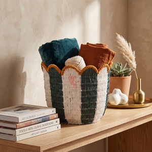 Woven <b>Straw</b> Storage <b>Basket</b> Flower Shape Striped Organizer Bin for Living Room Nursery Bathroom - Product Image 2