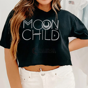 INDEX APPAREL Women's Black Crop <b>Top</b> Crew Neck Short Sleeve Moon Child Print Casual T-Shirt Spring Summer Wear - Product Image 6