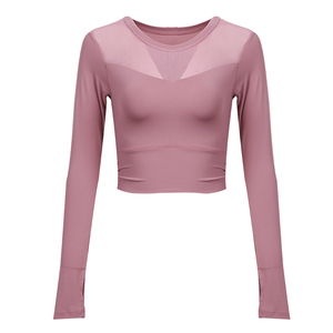 Women’s <b>Mesh</b> Patchwork Yoga <b>Crop</b> <b>Top</b> Long Sleeve Tight Fitness Workout Dance Training Sport T-Shirt - Product Image 3