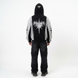 <b>Men</b>’s Black <b>Grey</b> Oversized <b>Zip</b> Up <b>Hoodie</b> Tracksuit Set with Graphic Sleeve Print and Cargo Pants Streetwear - Product Image 4