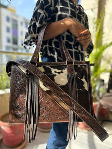 Hand <b>Tooled</b> Carving Handbag Real Cowhide <b>Leather</b> Bag Bohemian Bags New Design Fringe Bags for Women's Use - Product Image 3