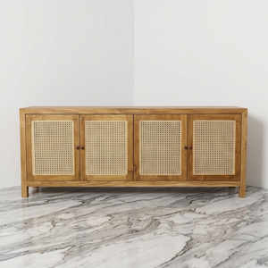 Meuble de rangement en teck à 4 portes avec panneaux en rotin et poignées, pieds droits, style scandinave, pour salon, vente directe usine - Product Image 4