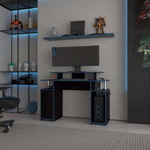 Escritorio Minimalista para Juegos con Detalles Azules y Estante Elevado para Monitor - Product Image 1