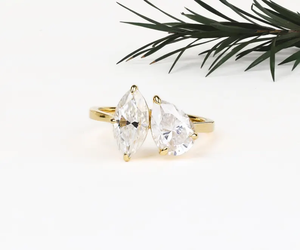 14K White Gold Rhodium Plated Luxury Toi Et Moi Engagement <b>Ring</b> with Pear Marquise Cut Lab Created Moissanite - Product Image 1