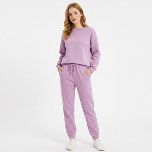 Women's Lavender Fleece Eco-Friendly 360g Sweatshirt Jogger Set Casual Loose Fit Full Sleeve Crew Neck Solid Color All Set - Product Image 4