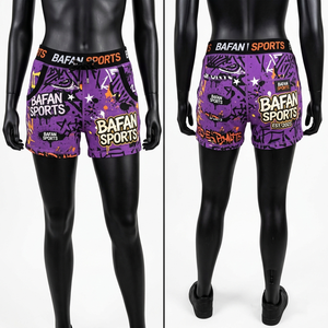 Premium 220 GSM polyester elastane booty shorts women purple graffiti print <b>drawstring</b> waist sublimation logo women's shorts - Product Image 3